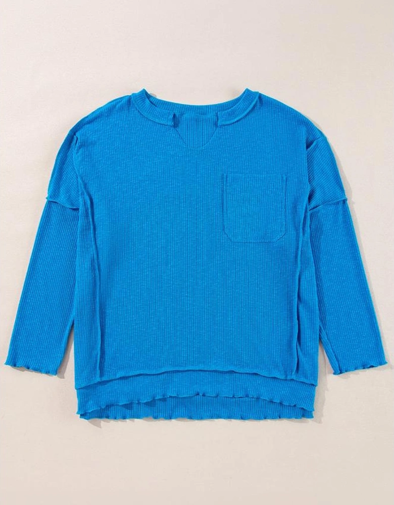Blue Ribbed Exposed Seam Knit V Neck Long Sleeve Top