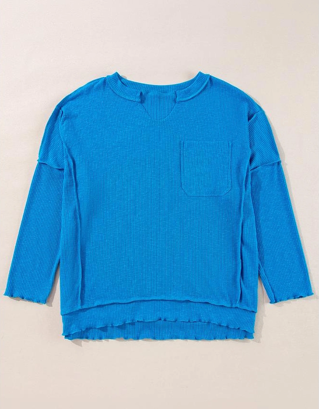 Blue Ribbed Exposed Seam Knit V Neck Long Sleeve Top