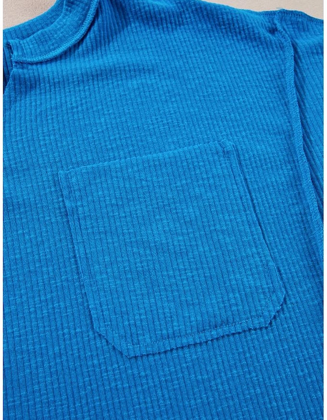 Blue Ribbed Exposed Seam Knit V Neck Long Sleeve Top