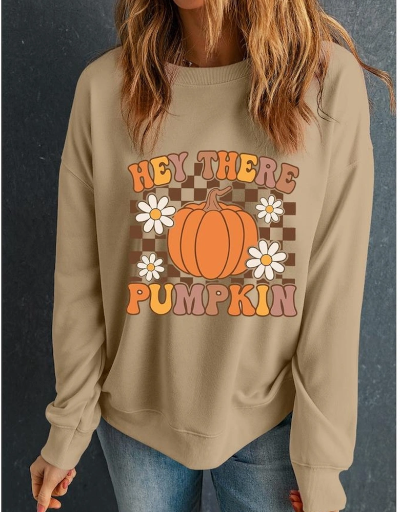 Khaki Floral Checkered Pumpkin Graphic Drop Shoulder Thanksgiving Sweatshirt