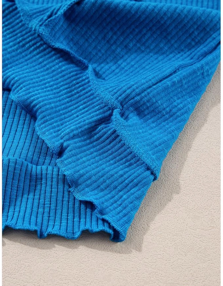 Blue Ribbed Exposed Seam Knit V Neck Long Sleeve Top