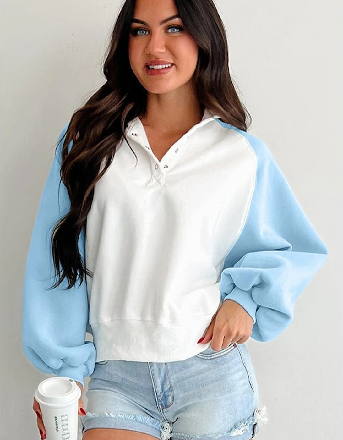 Beau Blue Colorblock Snap Buttons Pullover Sweatshirt