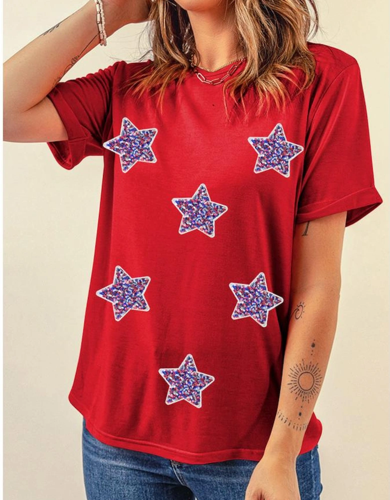 Red July 4th Fashion Sequin Star Graphic T Shirt
