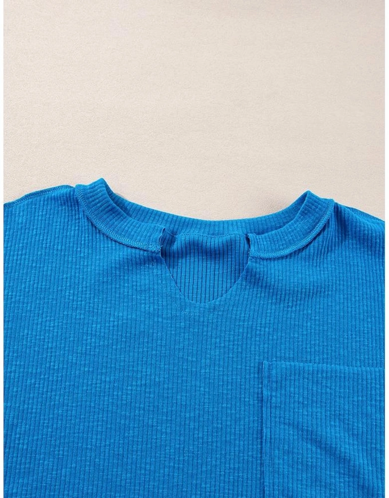 Blue Ribbed Exposed Seam Knit V Neck Long Sleeve Top
