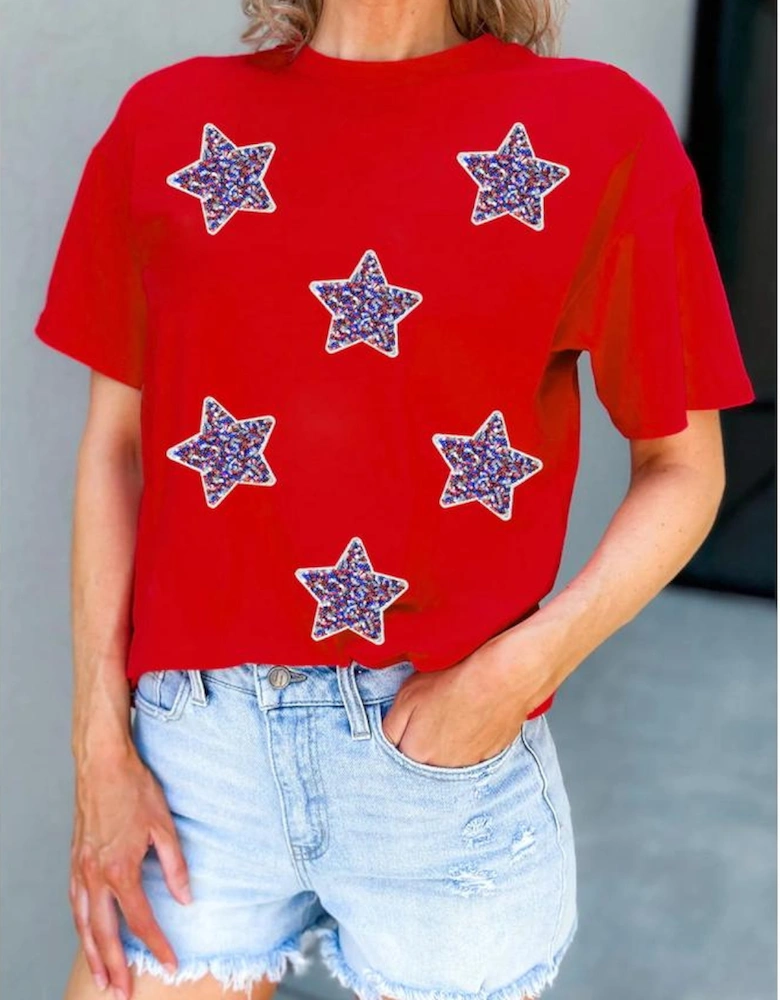 Red July 4th Fashion Sequin Star Graphic T Shirt