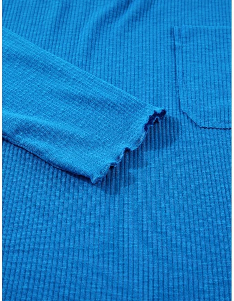 Blue Ribbed Exposed Seam Knit V Neck Long Sleeve Top