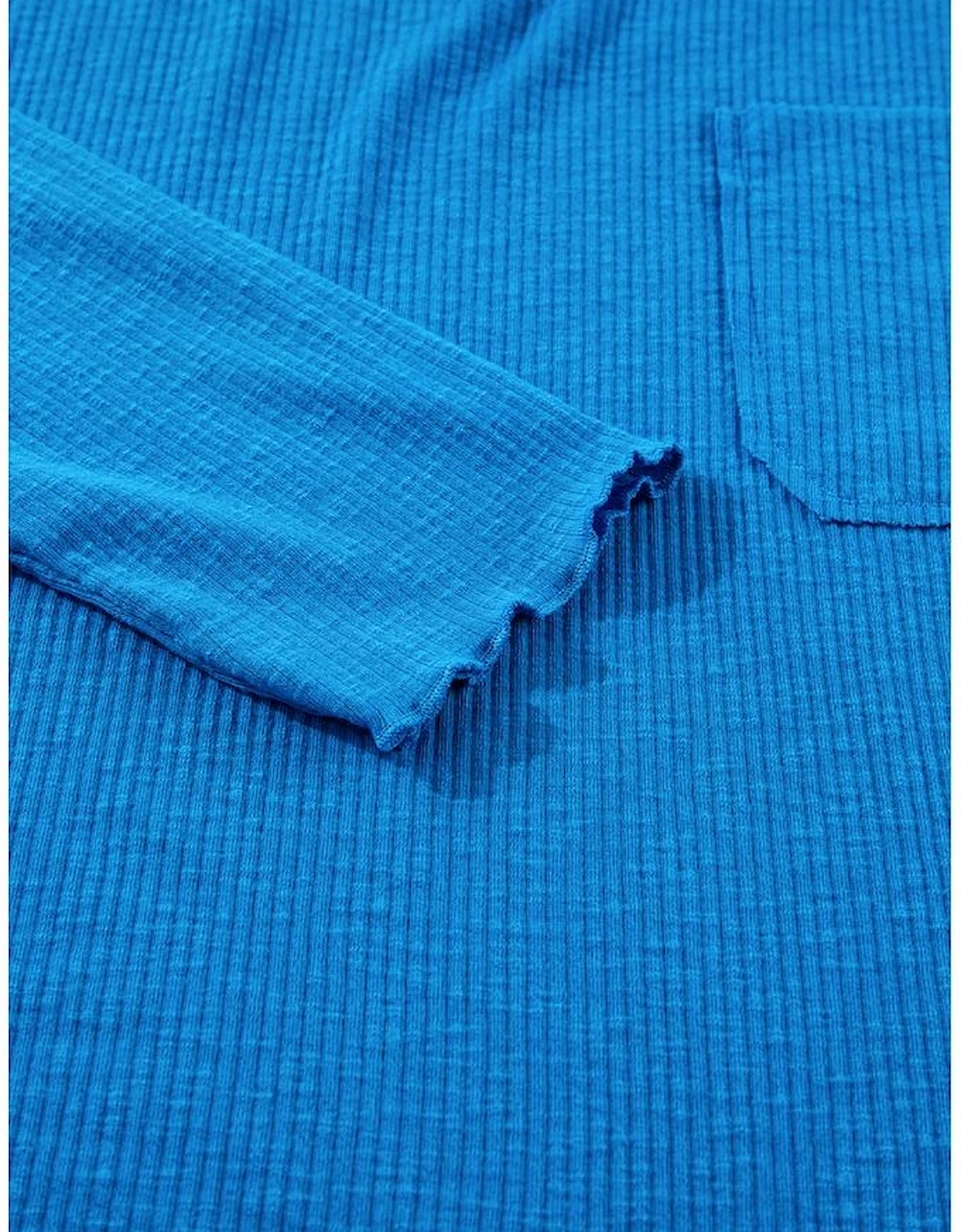 Blue Ribbed Exposed Seam Knit V Neck Long Sleeve Top