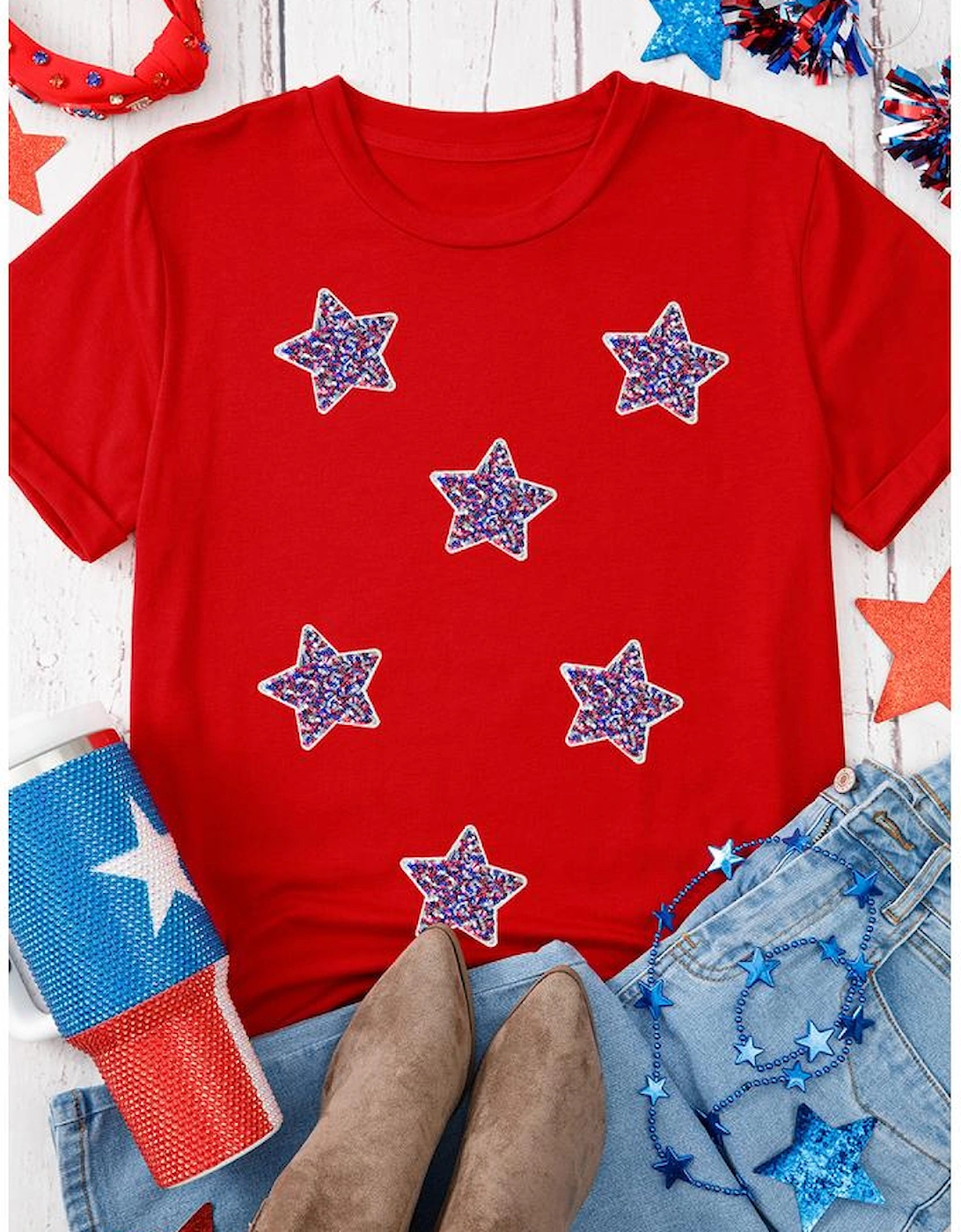 Red July 4th Fashion Sequin Star Graphic T Shirt, 6 of 5