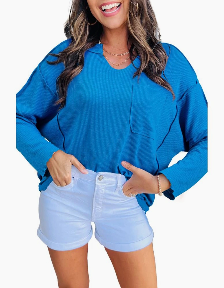 Blue Ribbed Exposed Seam Knit V Neck Long Sleeve Top