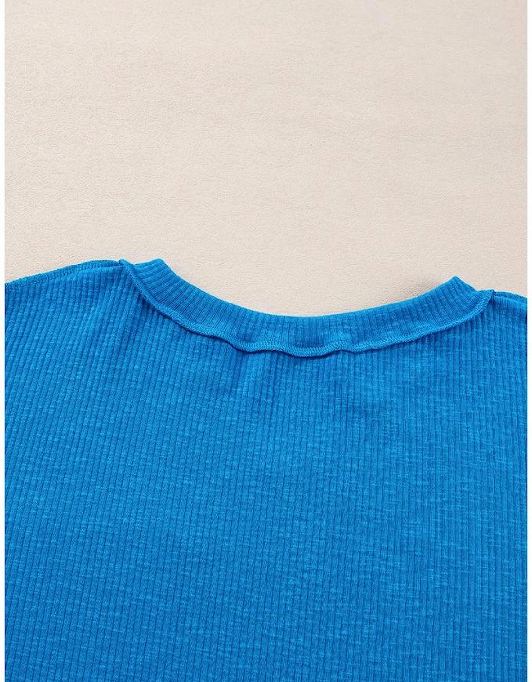 Blue Ribbed Exposed Seam Knit V Neck Long Sleeve Top, 12 of 11