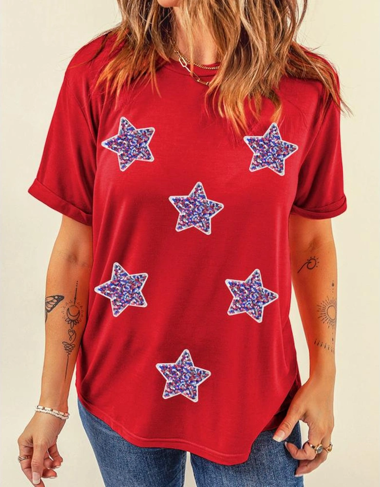 Red July 4th Fashion Sequin Star Graphic T Shirt