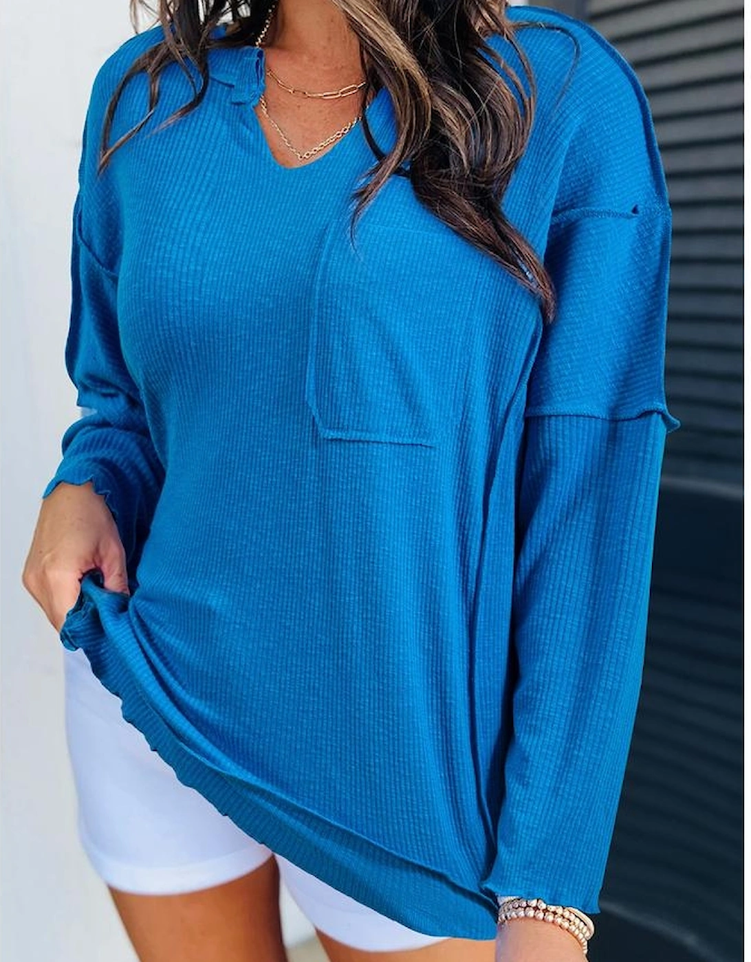 Blue Ribbed Exposed Seam Knit V Neck Long Sleeve Top