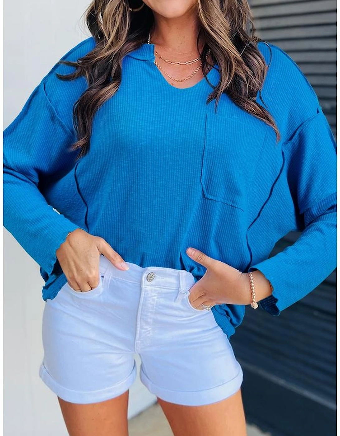Blue Ribbed Exposed Seam Knit V Neck Long Sleeve Top