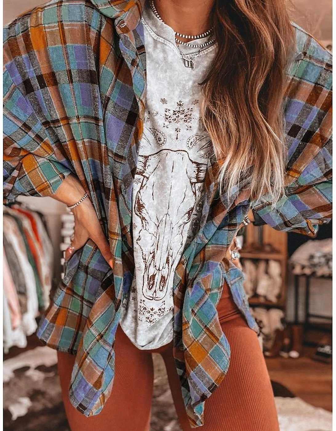 Orange Plaid Print Loose Vintage Shirt