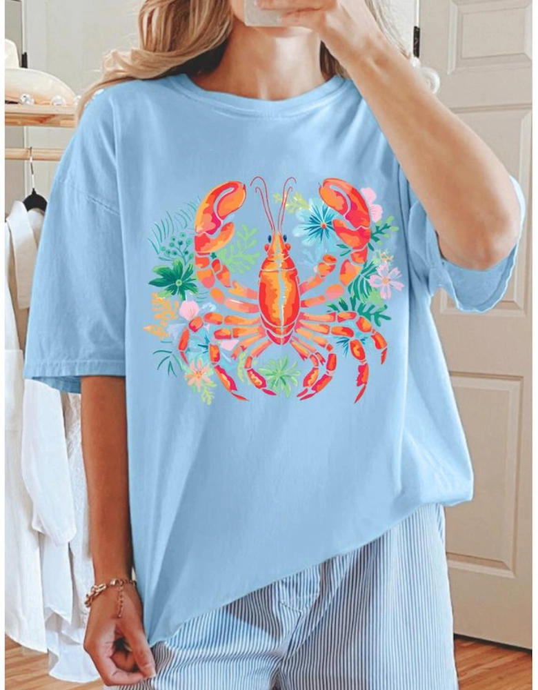 Light Blue Floral Summer Lobster Graphic Tee