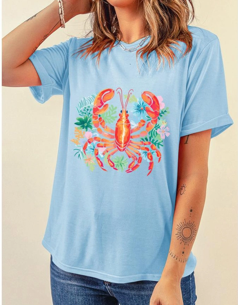 Light Blue Floral Summer Lobster Graphic Tee