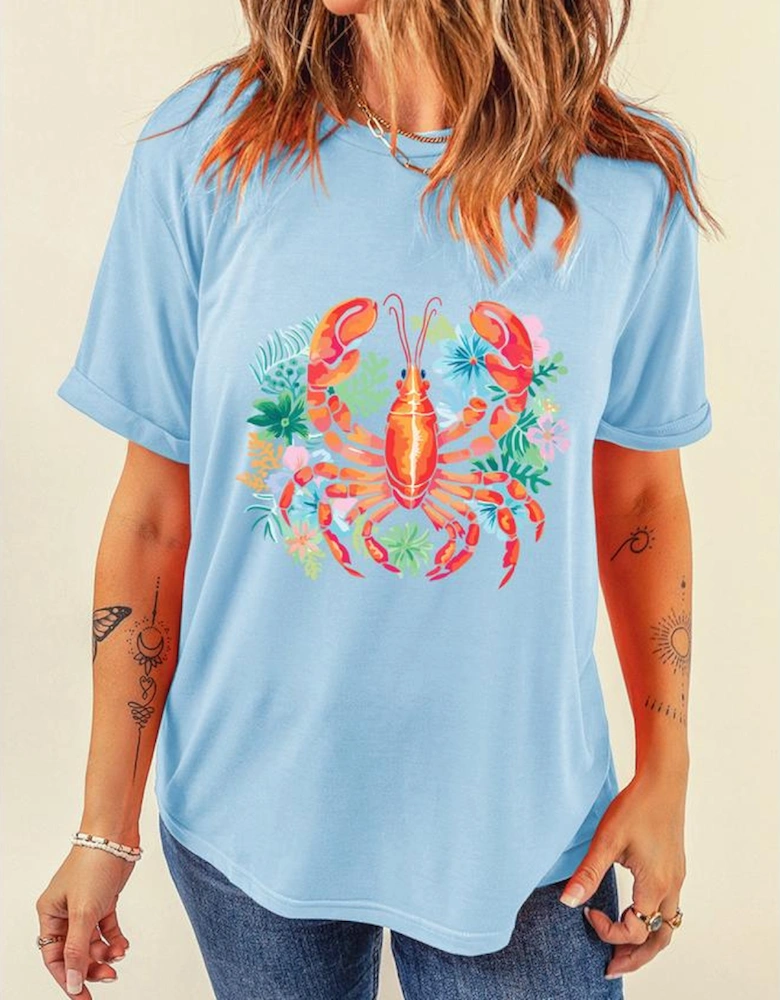 Light Blue Floral Summer Lobster Graphic Tee