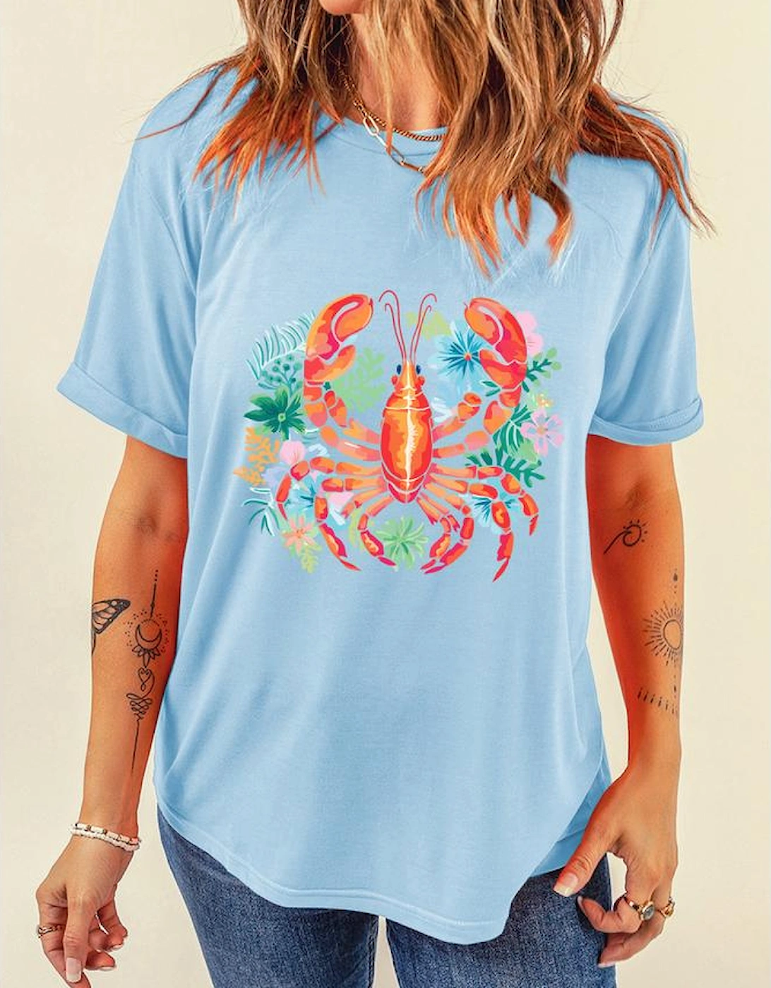 Light Blue Floral Summer Lobster Graphic Tee