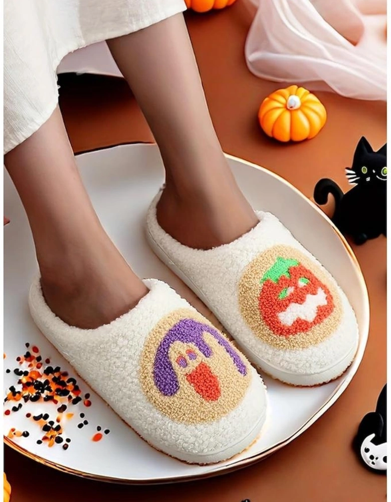 White Halloween Pumpkin Plush Winter Home Slippers