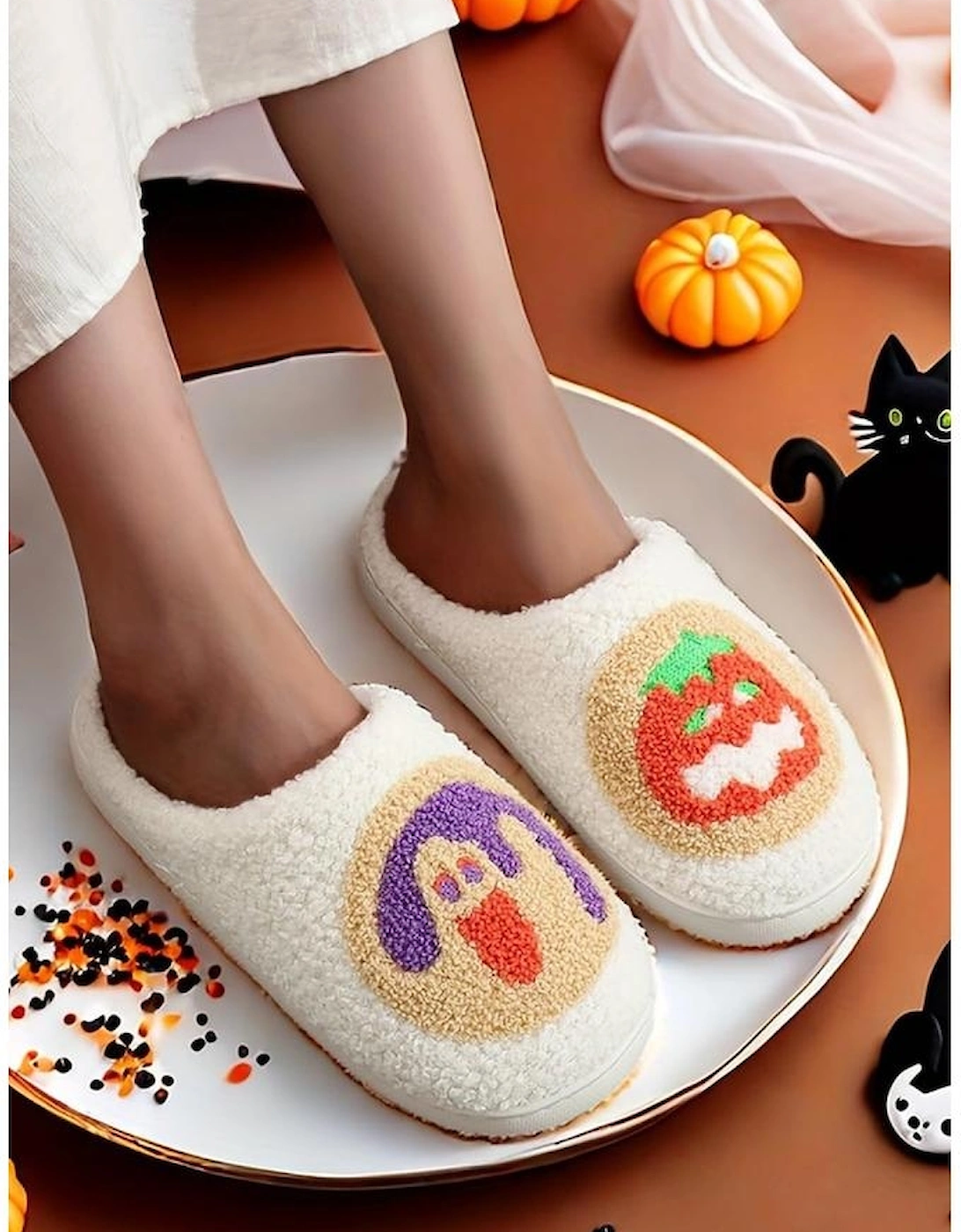 White Halloween Pumpkin Plush Winter Home Slippers