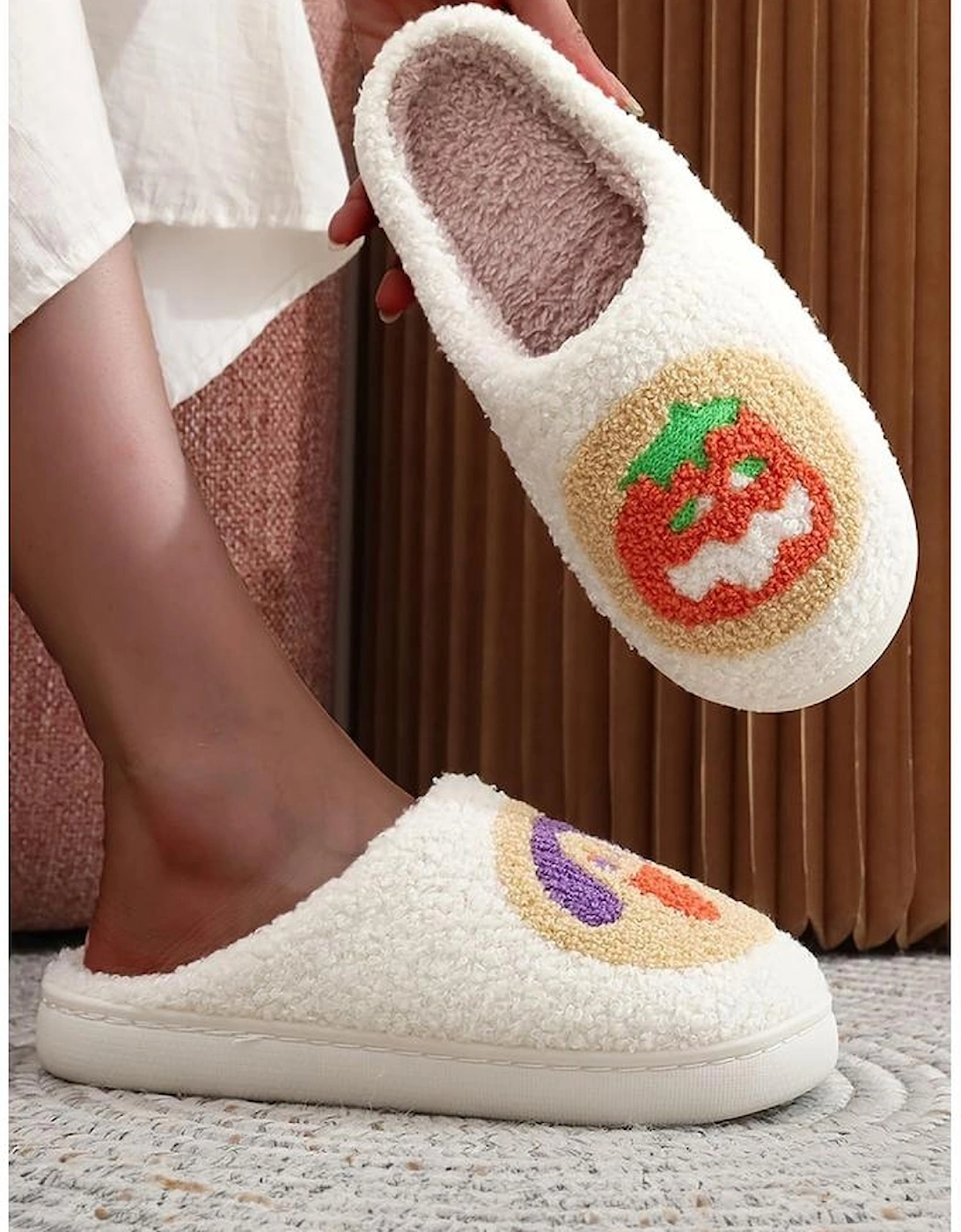 White Halloween Pumpkin Plush Winter Home Slippers