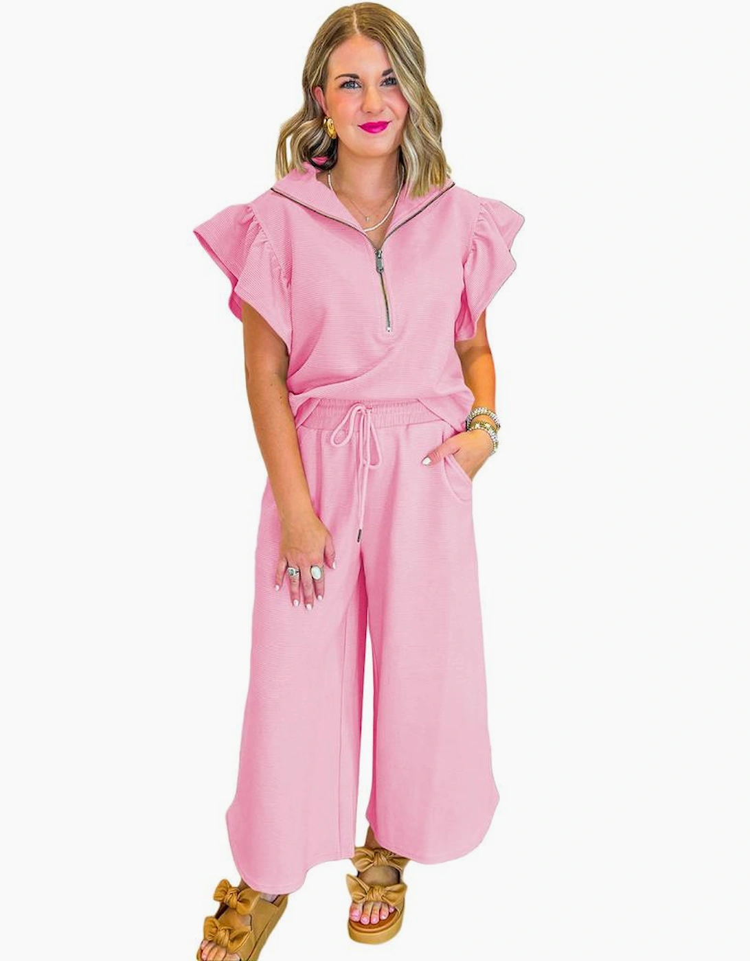 Pink Textured Ruffled Sleeve Zipped Top and Wide Leg Pants Set, 15 of 14