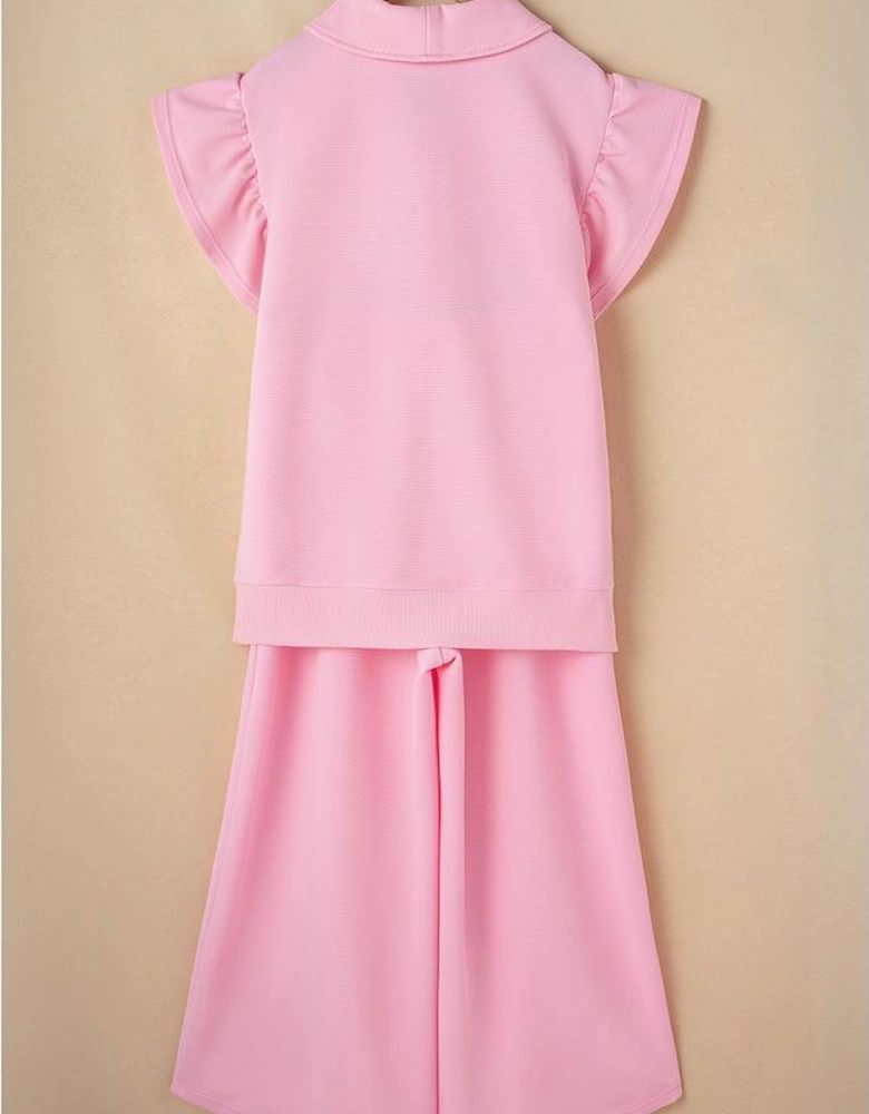 Pink Textured Ruffled Sleeve Zipped Top and Wide Leg Pants Set