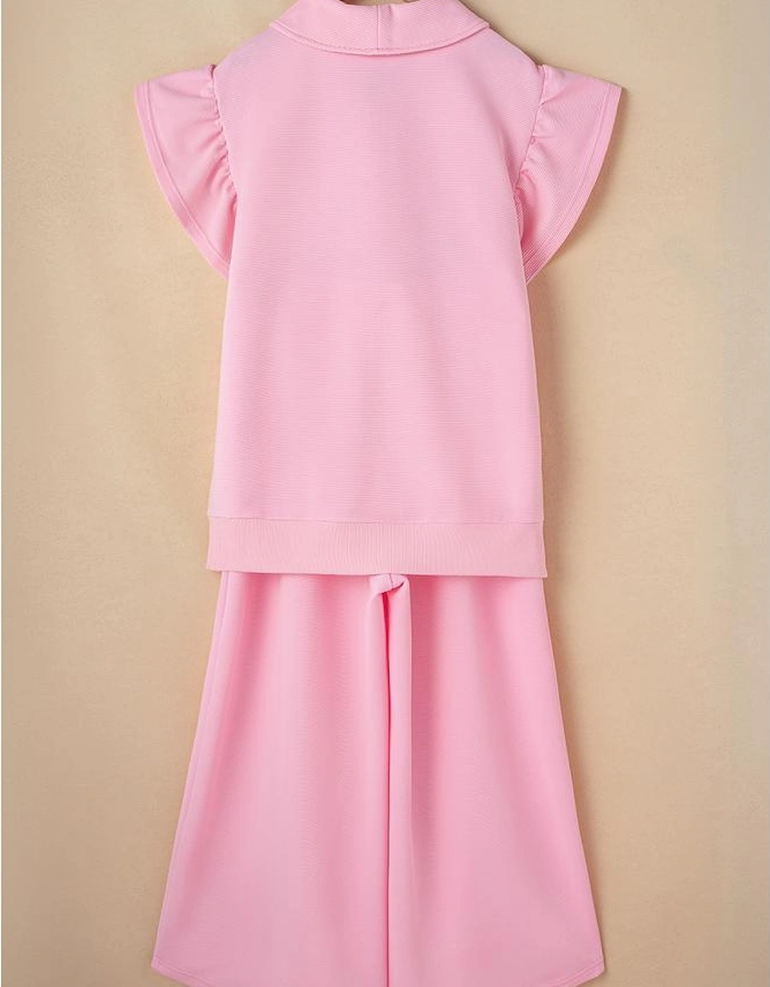 Pink Textured Ruffled Sleeve Zipped Top and Wide Leg Pants Set