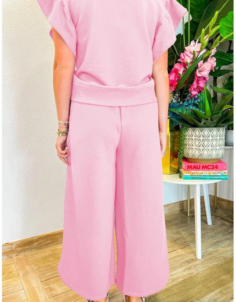 Pink Textured Ruffled Sleeve Zipped Top and Wide Leg Pants Set
