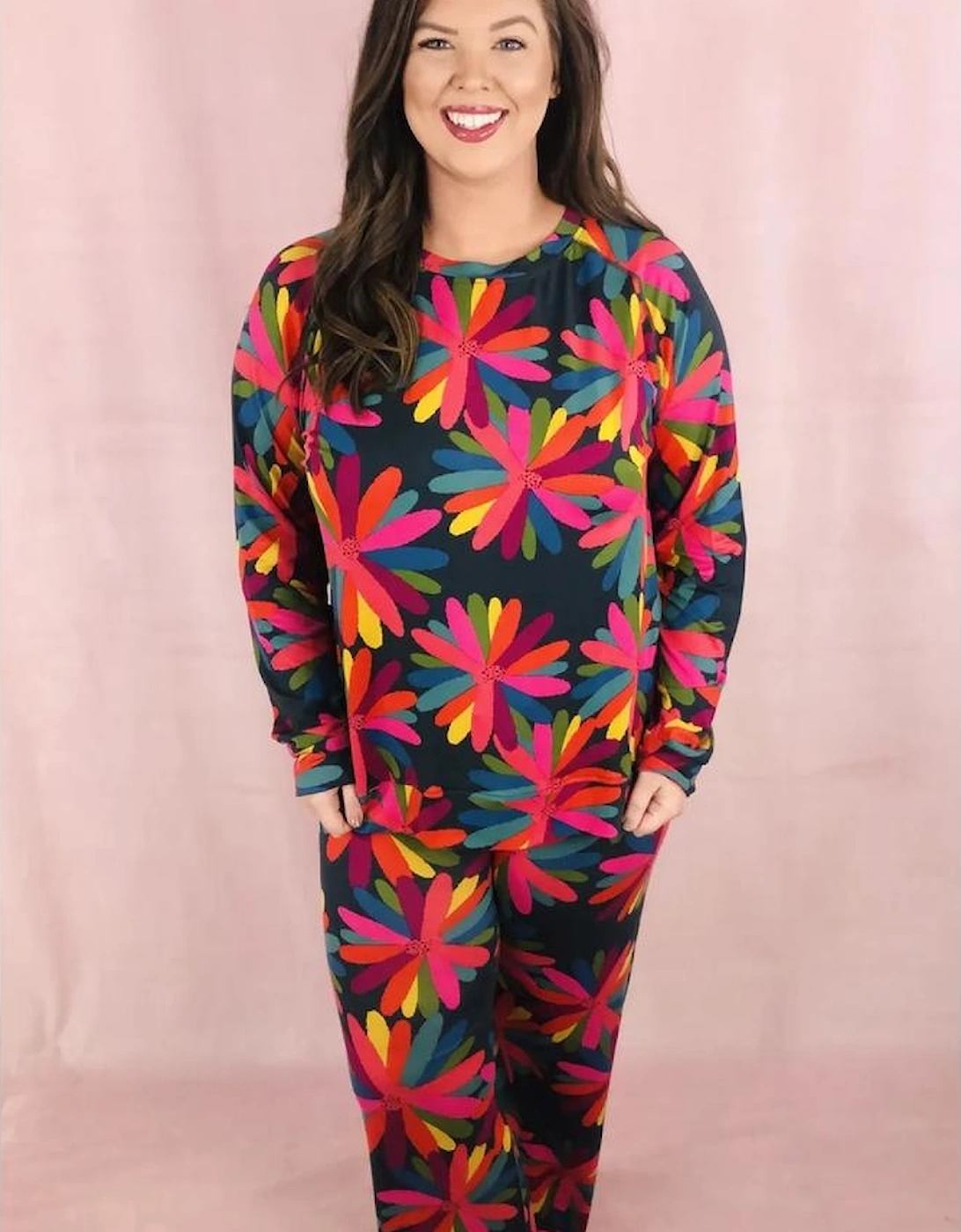 Black Plus Size Printed Long Sleeve and Pants Lounge Set