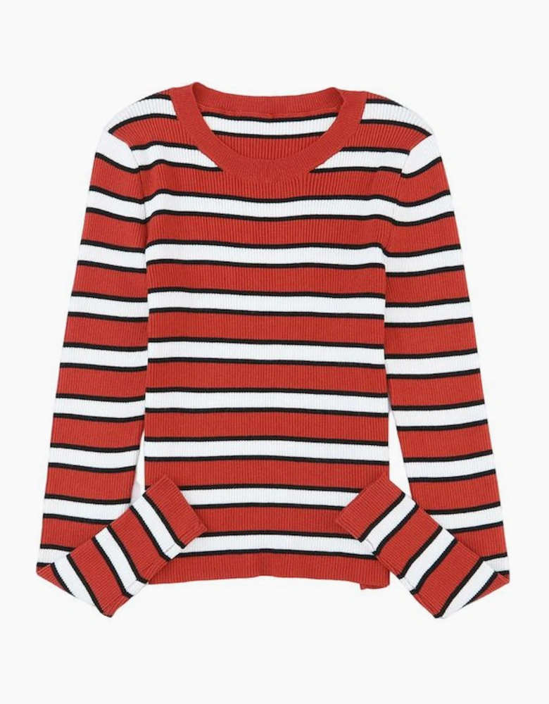 Striped Print Ribbed Knit Slim Fit Top