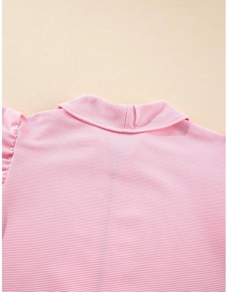 Pink Textured Ruffled Sleeve Zipped Top and Wide Leg Pants Set