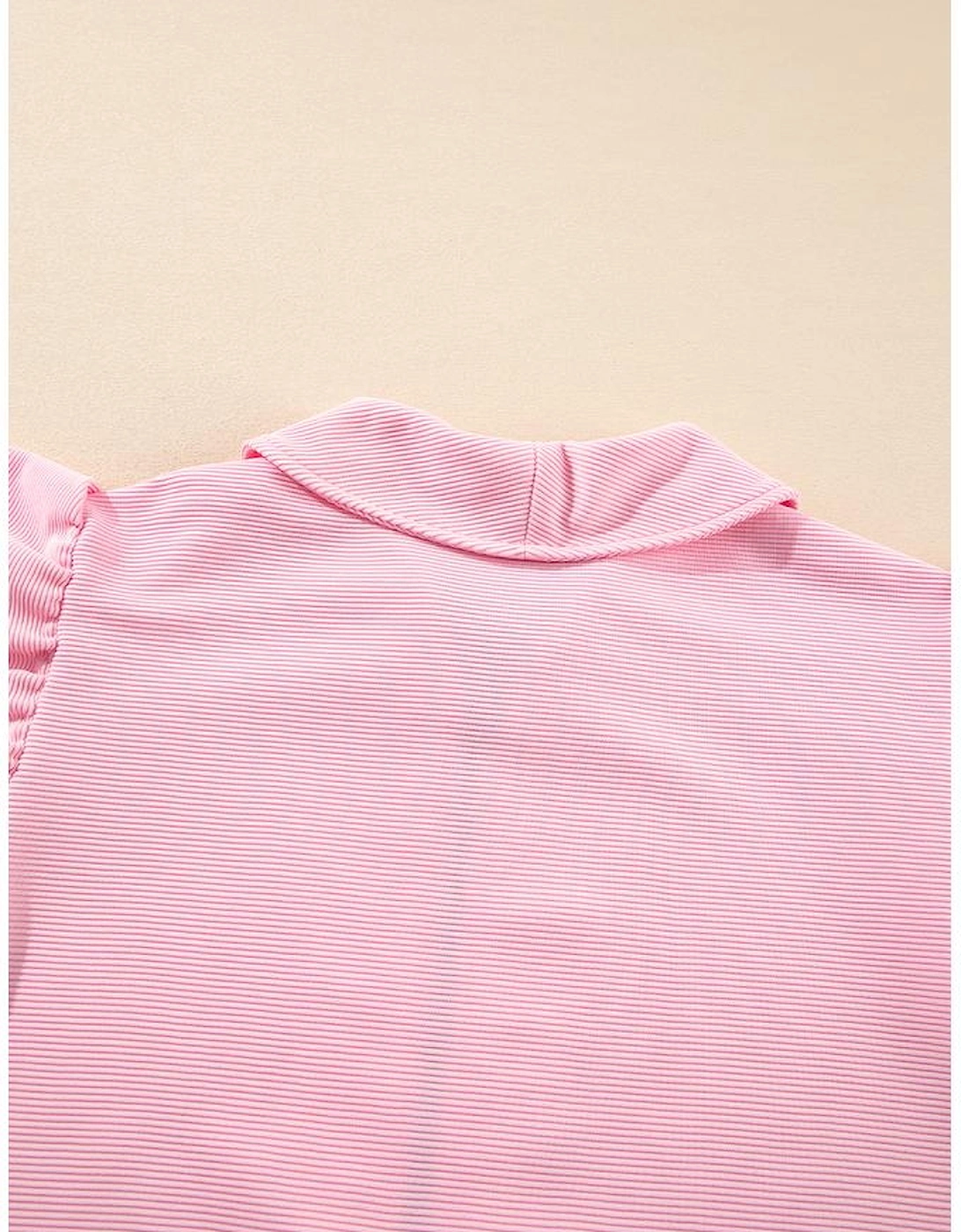 Pink Textured Ruffled Sleeve Zipped Top and Wide Leg Pants Set