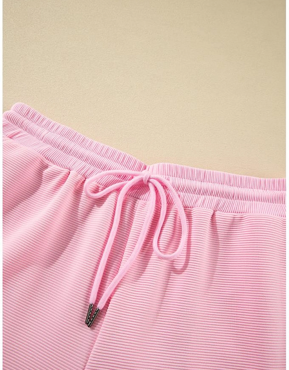 Pink Textured Ruffled Sleeve Zipped Top and Wide Leg Pants Set