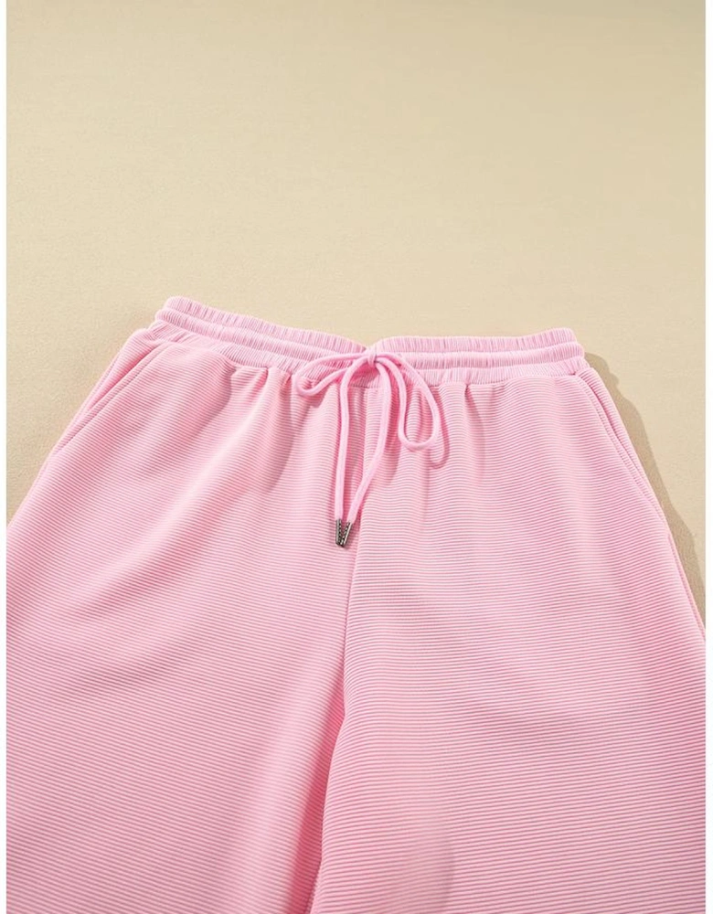 Pink Textured Ruffled Sleeve Zipped Top and Wide Leg Pants Set