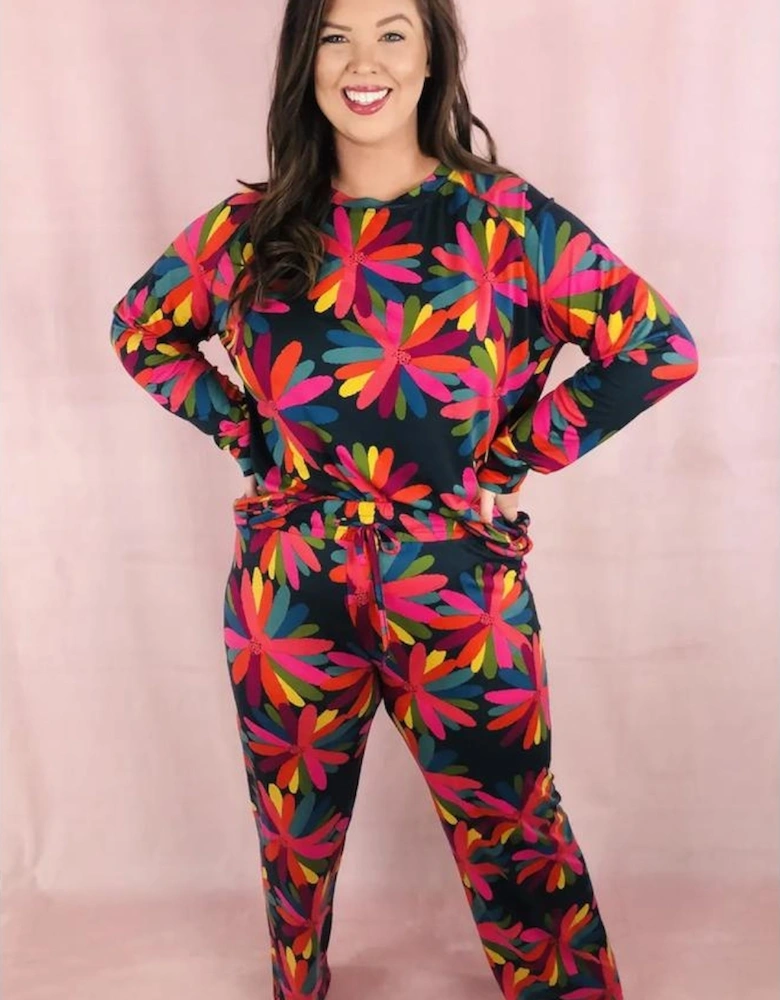 Black Plus Size Printed Long Sleeve and Pants Lounge Set
