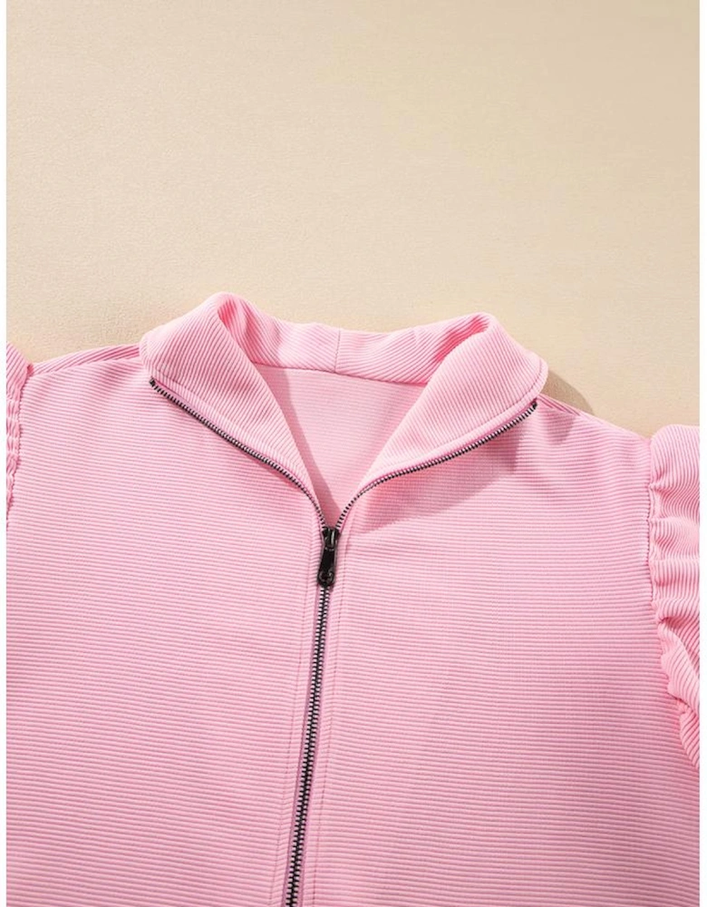 Pink Textured Ruffled Sleeve Zipped Top and Wide Leg Pants Set