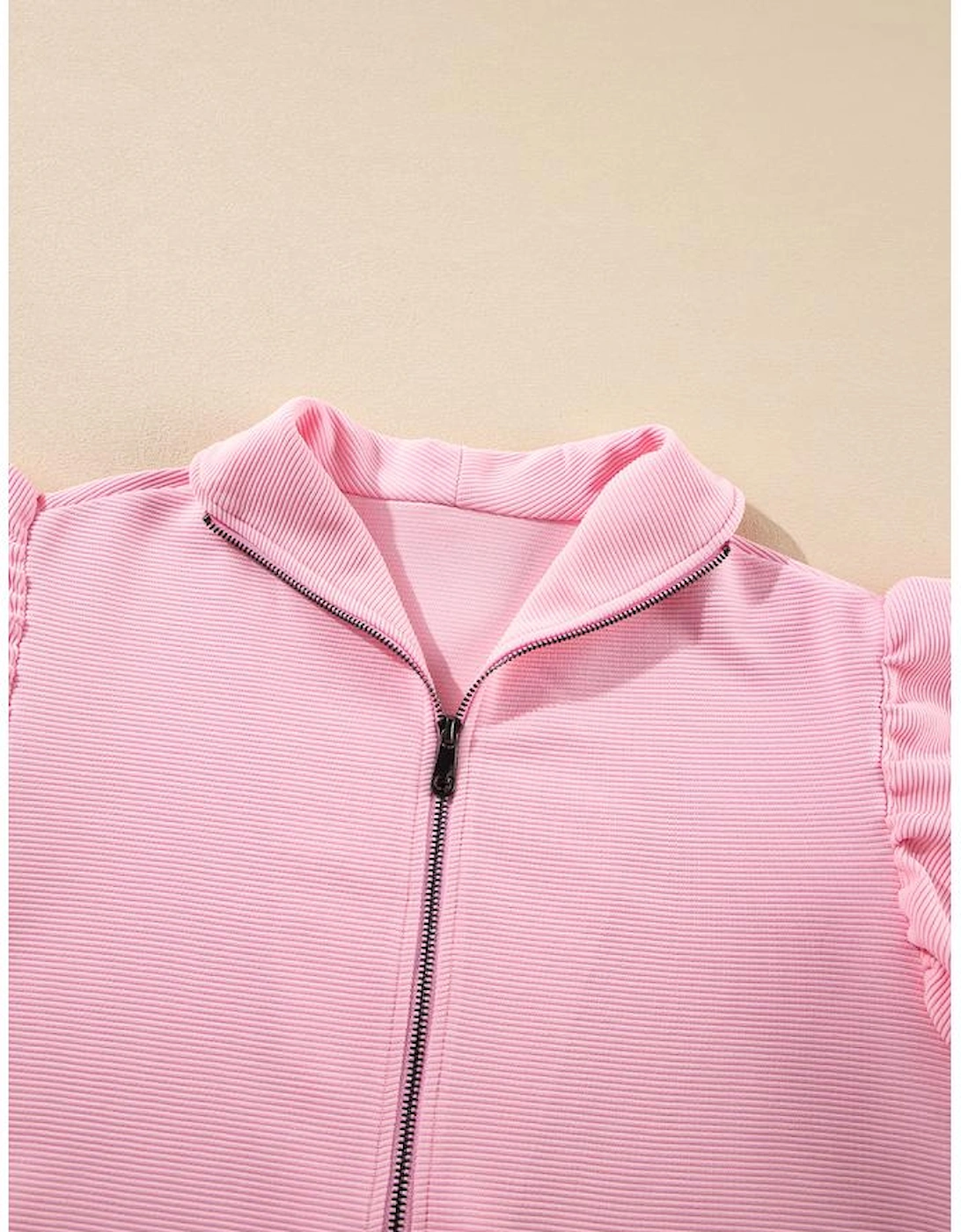 Pink Textured Ruffled Sleeve Zipped Top and Wide Leg Pants Set