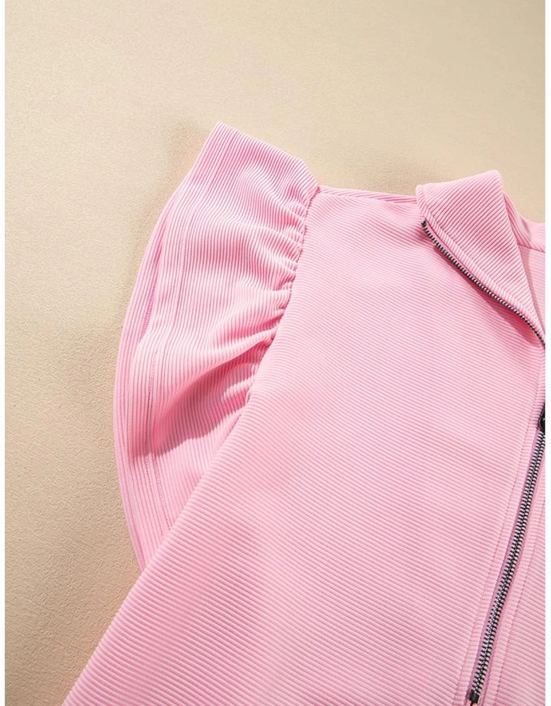 Pink Textured Ruffled Sleeve Zipped Top and Wide Leg Pants Set