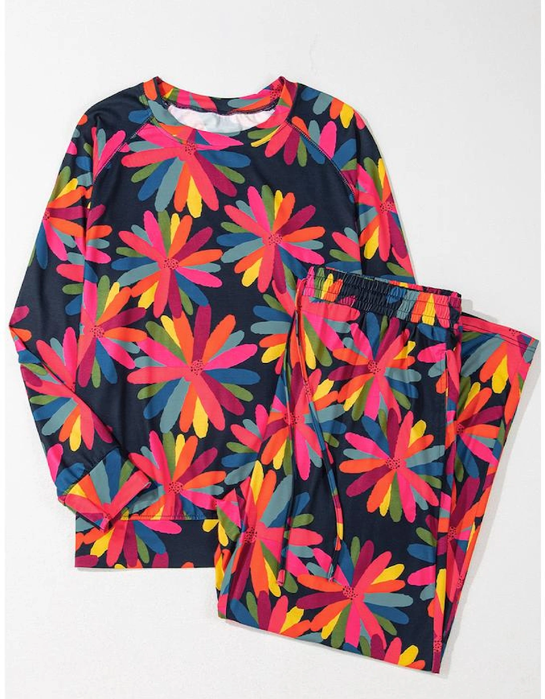 Black Plus Size Printed Long Sleeve and Pants Lounge Set