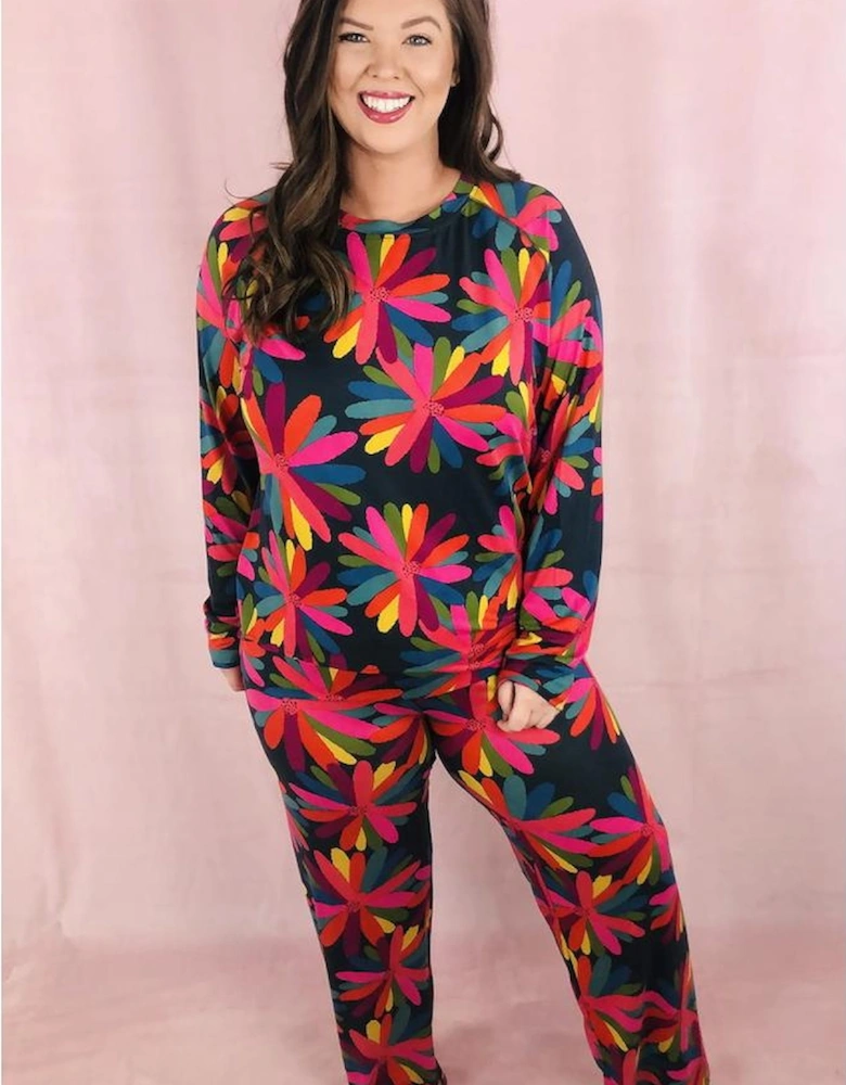 Black Plus Size Printed Long Sleeve and Pants Lounge Set