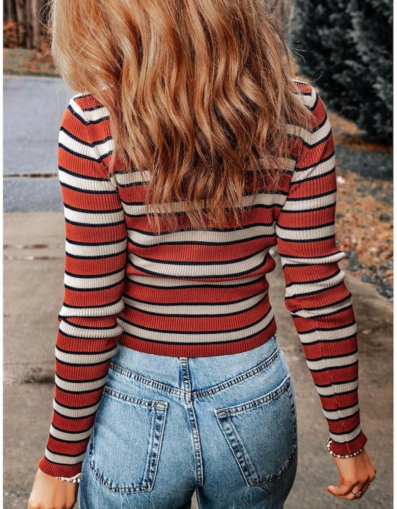 Striped Print Ribbed Knit Slim Fit Top