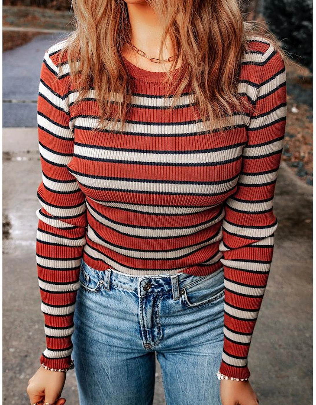 Striped Print Ribbed Knit Slim Fit Top