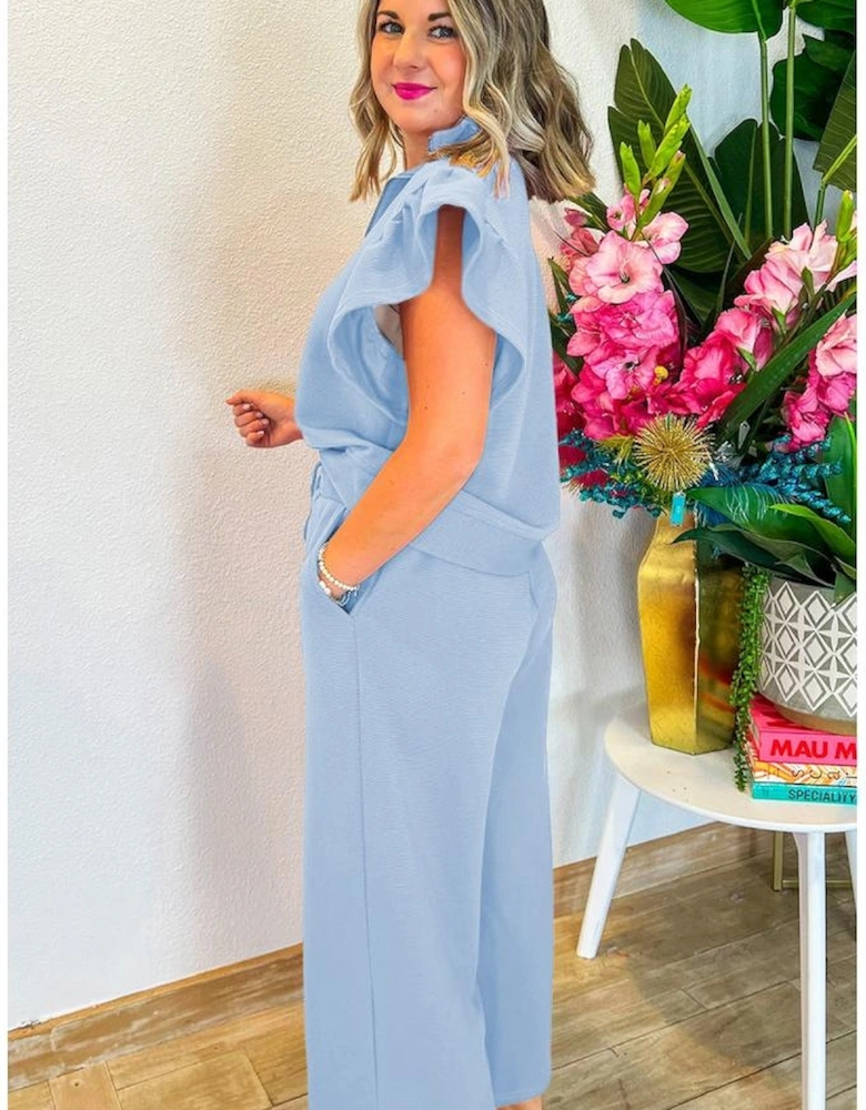 Beau Blue Textured Ruffled Sleeve Zipped Top and Wide Leg Pants Set