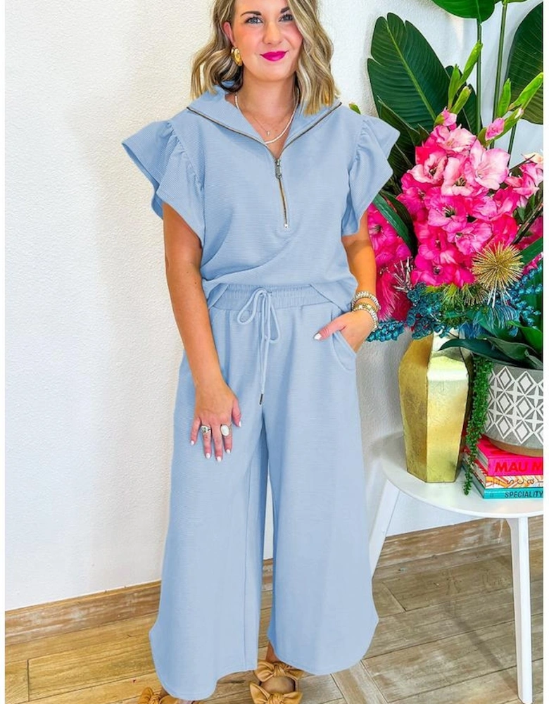 Beau Blue Textured Ruffled Sleeve Zipped Top and Wide Leg Pants Set