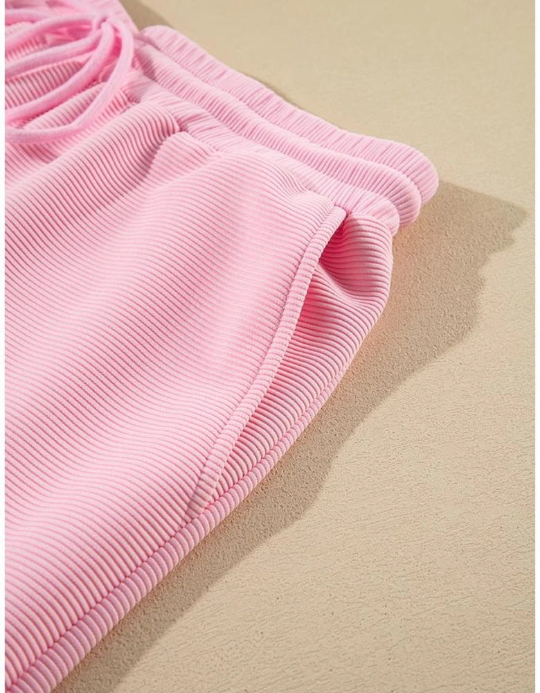 Pink Textured Ruffled Sleeve Zipped Top and Wide Leg Pants Set