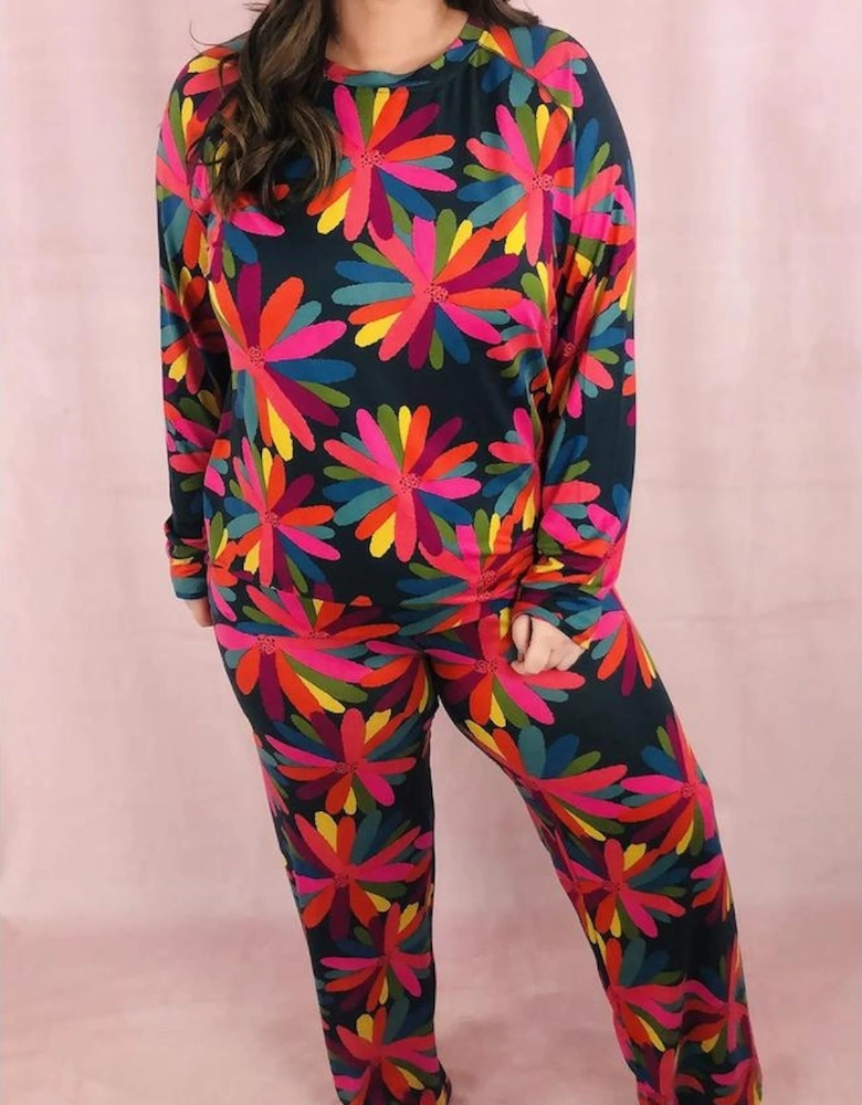 Black Plus Size Printed Long Sleeve and Pants Lounge Set