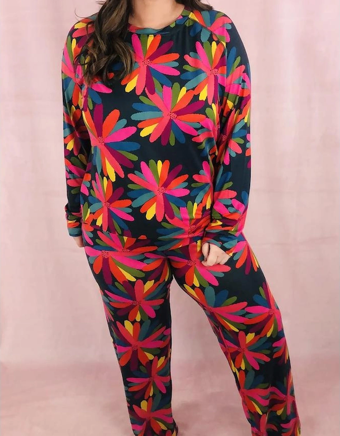 Black Plus Size Printed Long Sleeve and Pants Lounge Set