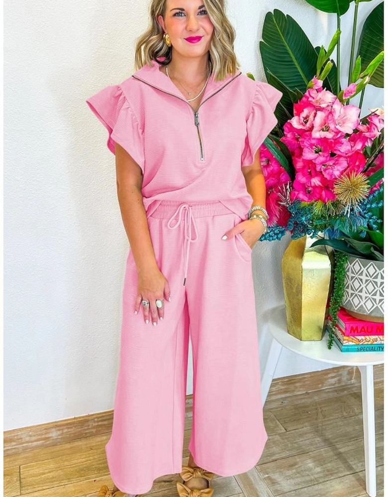 Pink Textured Ruffled Sleeve Zipped Top and Wide Leg Pants Set