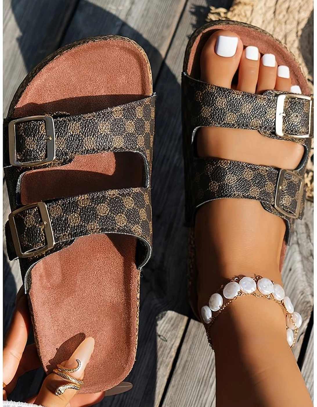 Coffee Geometric Print Cut Out Buckle PU Leather Flat Slippers